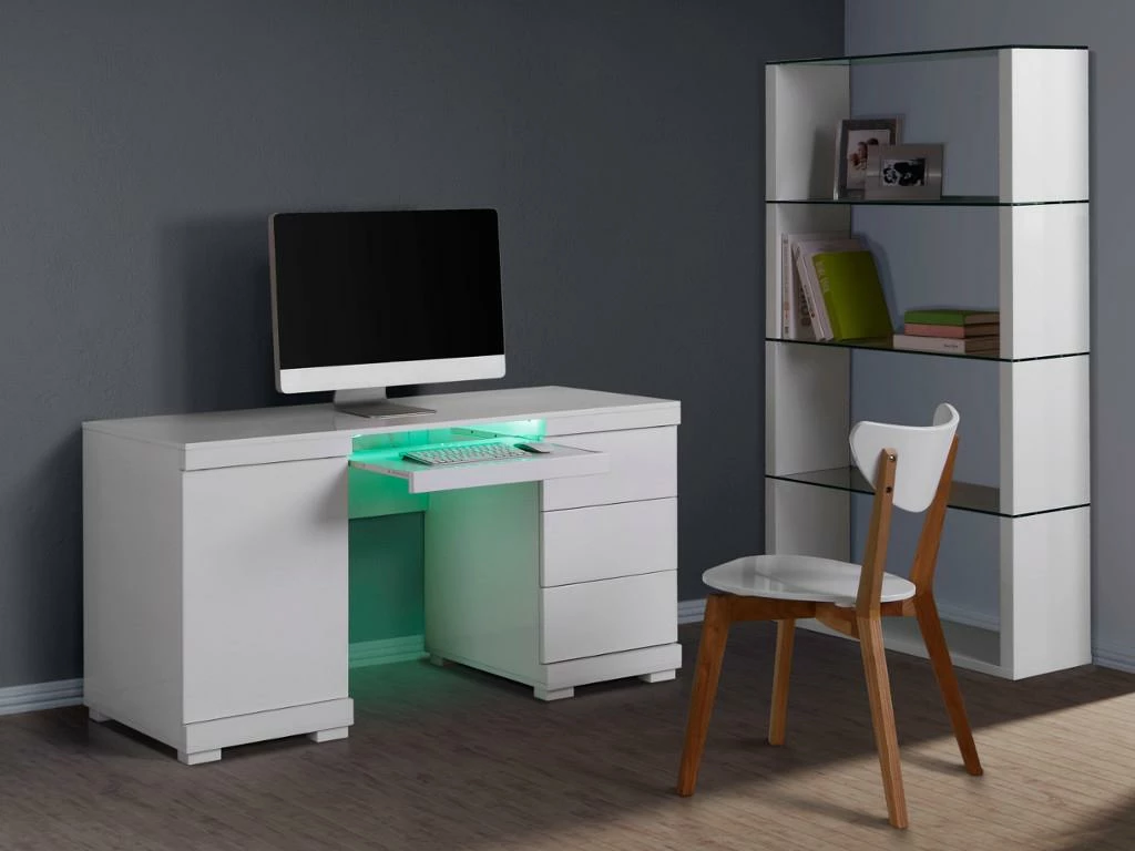 Bureau PLUTON - MDF Laqué Blanc - LEDs - 1 Porte & 3 Tiroirs 3 Bureau PLUTON - MDF Laqué Blanc - LEDs - 1 Porte & 3 Tiroirs