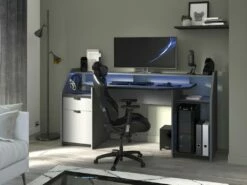 Bureau Gamer MOBA - Avec Rangements - LEDs - Gris