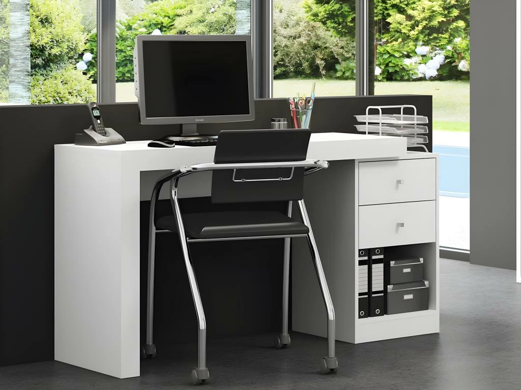 Bureau Extensible 2 Tiroirs Et 1 Niche - Coloris : Blanc - EVAN 3 Bureau Extensible 2 Tiroirs Et 1 Niche - Coloris : Blanc - EVAN