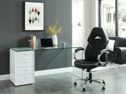 Bureau MURIEL Avec Rangements - 4 Tiroirs - Verre Trempé & MDF