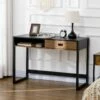 Bureau Style Industriel Casier Tiroir Coulissant Panneaux MDF Noir Aspect Noyer -DECO Ventes console 23021399