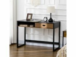 Bureau Style Industriel Casier Tiroir Coulissant Panneaux MDF Noir Aspect Noyer