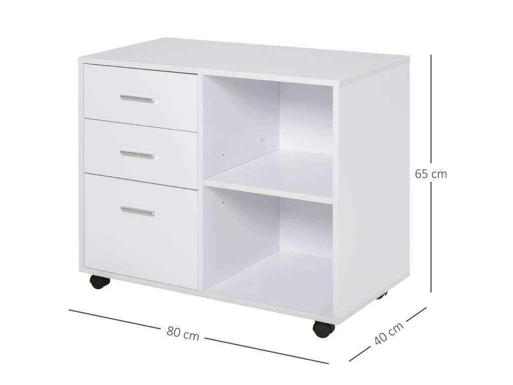 HOMCOM Support D'imprimante Organiseur Bureau Caisson 3 Tiroirs + 2 Niches + Grand Plateau Panneaux Particules Blanc 4 HOMCOM Support D'imprimante Organiseur Bureau Caisson 3 Tiroirs + 2 Niches + Grand Plateau Panneaux Particules Blanc – Image 2