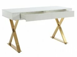 Bureau Avec 2 Tiroirs - MDF Laqué Et Métal - Blanc Et Doré - PLEISA De Pascal Morabito -DECO Ventes meuble bureau 12556175