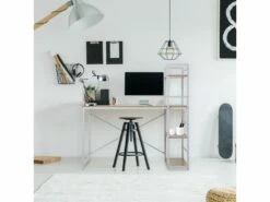 Table Bureau PC Avec Bibliothèque Blanc Beige Bois Métal Moderne