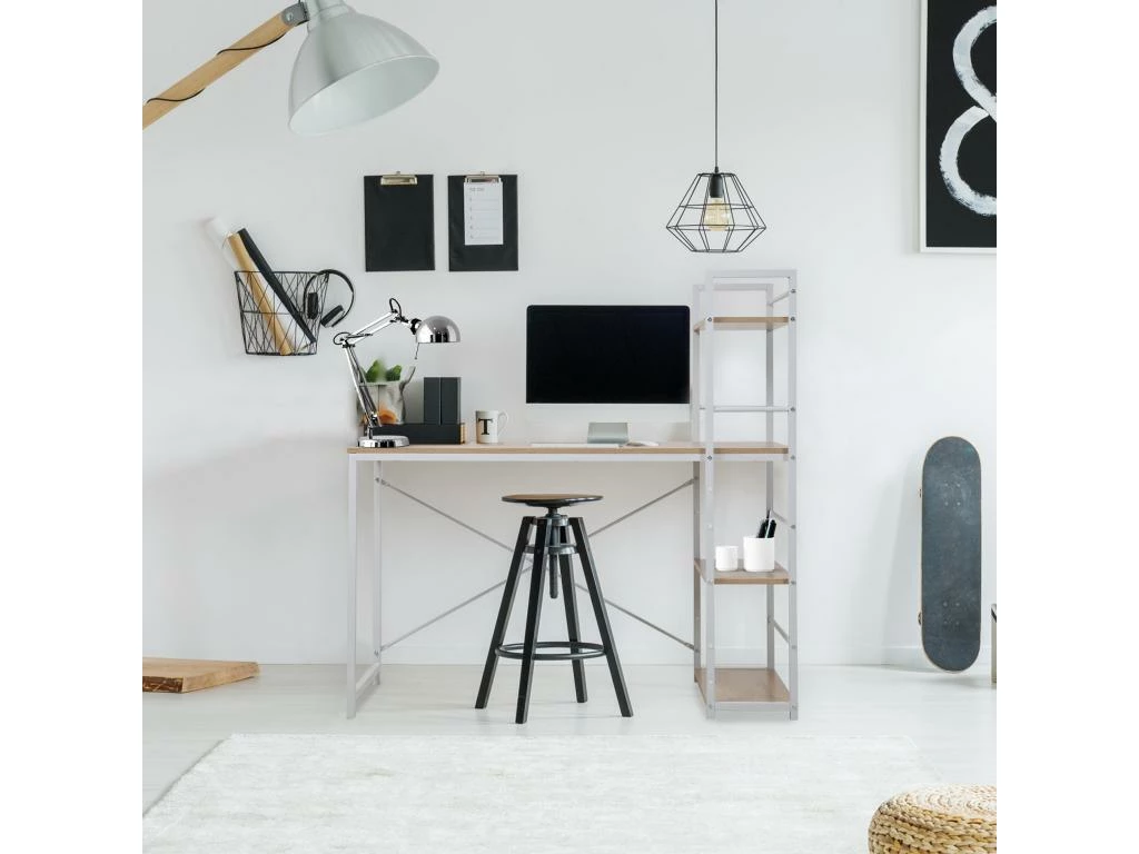 Table Bureau PC Avec Bibliothèque Blanc Beige Bois Métal Moderne 3 Table Bureau PC Avec Bibliothèque Blanc Beige Bois Métal Moderne