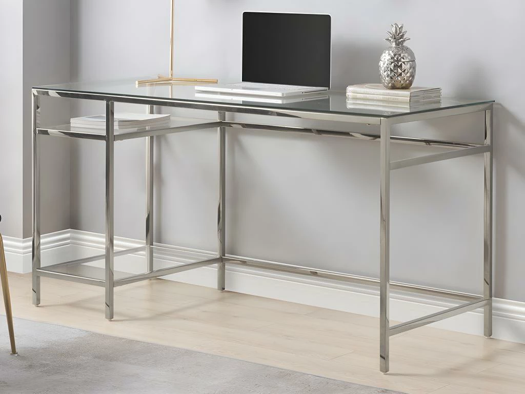 Bureau Avec 2 étagères - Verre Trempé Et Acier - Argent - TIZIO De Pascal Morabito 4 Bureau Avec 2 étagères - Verre Trempé Et Acier - Argent - TIZIO De Pascal Morabito – Image 2