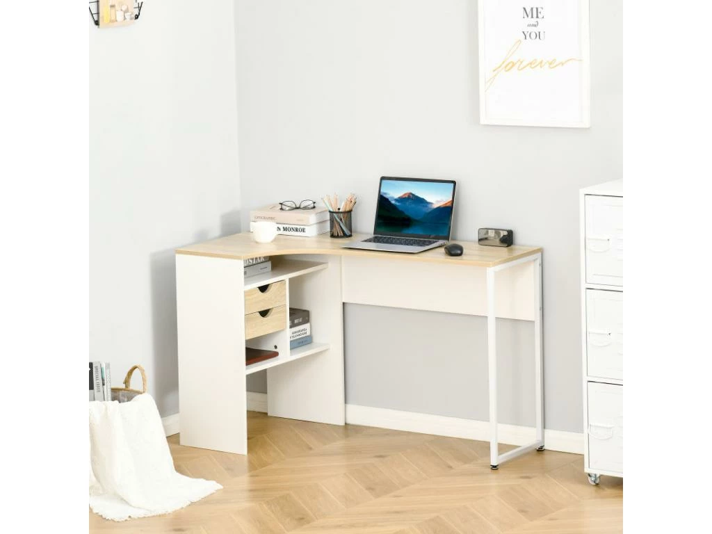 Bureau D'angle Avec Rangements RONY Chêne Clair Et Blanc 4 Bureau D'angle Avec Rangements RONY Chêne Clair Et Blanc – Image 2