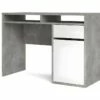 Plus Bureau Avec 1 Porte, 1 Tiroir Et 2 Tablettes De Rangement, Finition Béton/blanc Brillant.