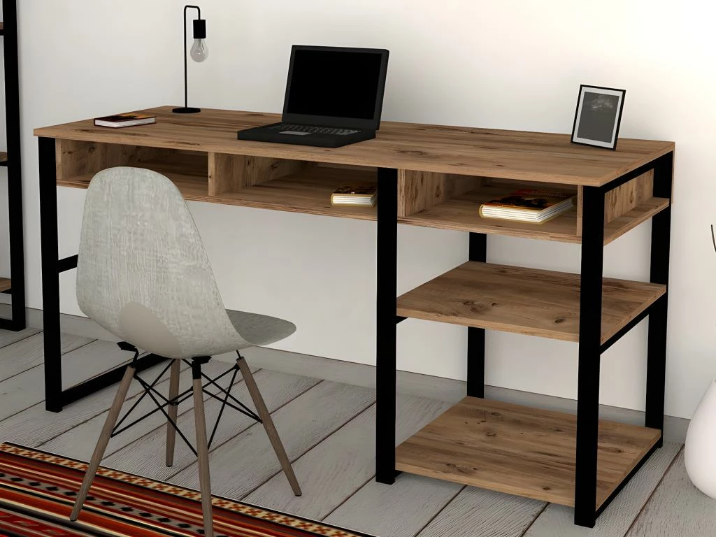 Bureau Industriel Avec Rangements - Naturel Et Noir - RALEIGH 4 Bureau Industriel Avec Rangements - Naturel Et Noir - RALEIGH â Image 2