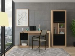 Bureau Extensible 2 Tiroirs Et 1 Niche - Coloris : Naturel Et Noir - EVAN