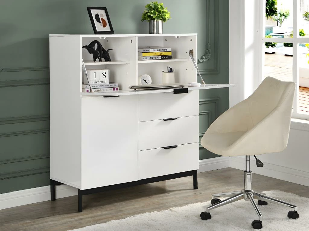 Secrétaire Avec 2 Porte Et 3 Tiroirs - MDF Et Métal - Blanc Laqué - ERWIN 3 Secrétaire Avec 2 Porte Et 3 Tiroirs - MDF Et Métal - Blanc Laqué - ERWIN