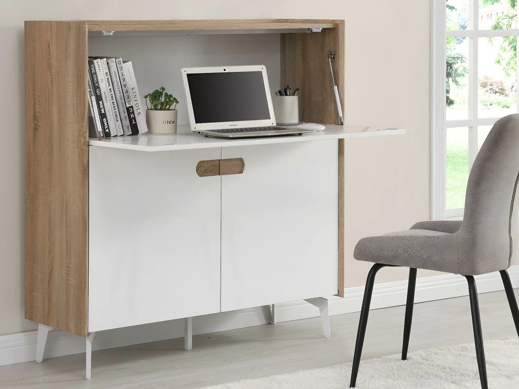 Secrétaire Avec 3 Portes - MDF Et Métal - Coloris : Naturel Et Blanc - DERELIS 4 Secrétaire Avec 3 Portes - MDF Et Métal - Coloris : Naturel Et Blanc - DERELIS – Image 2