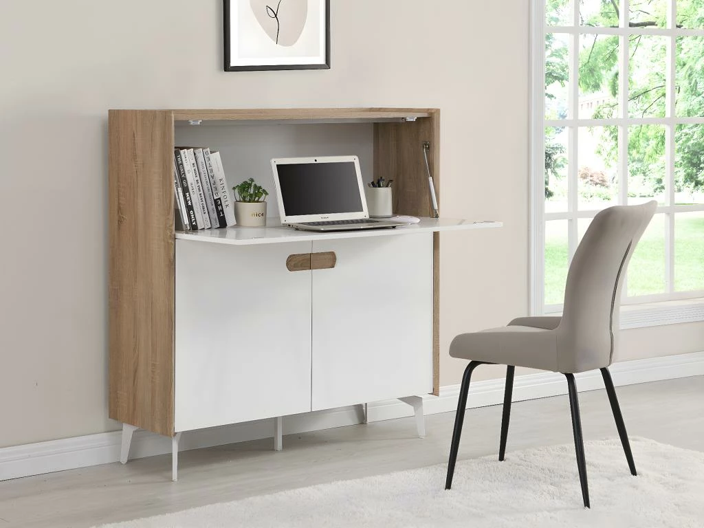 Secrétaire Avec 3 Portes - MDF Et Métal - Coloris : Naturel Et Blanc - DERELIS 3 Secrétaire Avec 3 Portes - MDF Et Métal - Coloris : Naturel Et Blanc - DERELIS