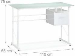 Bureau Moderne Avec Plaque De Verre Tiroir Latéral Pour Chambre D’ado 110 Cm Blanc 13_0000560