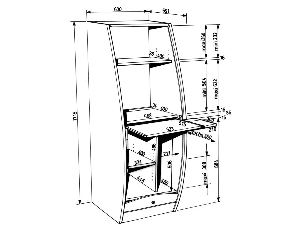 Armoire Informatique Galbée Largeur 60 Cm 5 Niches - Coloris: Hêtre 5 Armoire Informatique Galbée Largeur 60 Cm 5 Niches - Coloris: Hêtre – Image 3