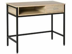 Bureau Style Industriel Casier + Tiroir Coulissant Châssis Métal Noir Plateau Panneaux Particules Chêne Clair -DECO Ventes meuble bureau 9547127