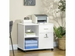 Support D'imprimante Organiseur Bureau Caisson Avec 2 Tiroirs Dont 1 Verrouillable Avec Clé 2 Niches Grand Plateau Dim 80L X 40l X 66,5H Cm Blanc
