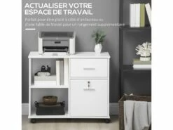 Support D'imprimante Organiseur Bureau Caisson Avec 2 Tiroirs Dont 1 Verrouillable Avec Clé 2 Niches Grand Plateau Dim 80L X 40l X 66,5H Cm Blanc -DECO Ventes meuble bureau 9550553