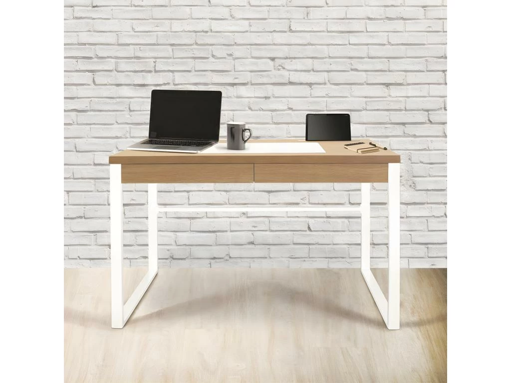 CALEB - Bureau Plateau Effet Bois Et Piètement Blanc 4 CALEB - Bureau Plateau Effet Bois Et Piètement Blanc – Image 2