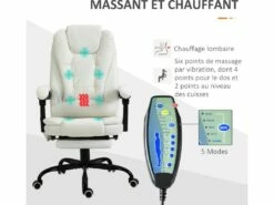 Vinsetto Fauteuil De Bureau Direction Massant Hauteur Réglable Dossier Inclinable Repose-pied + Coussin Lombaires Intégrés Revêtement Synthétique Blanc -DECO Ventes siege de bureau 9552889