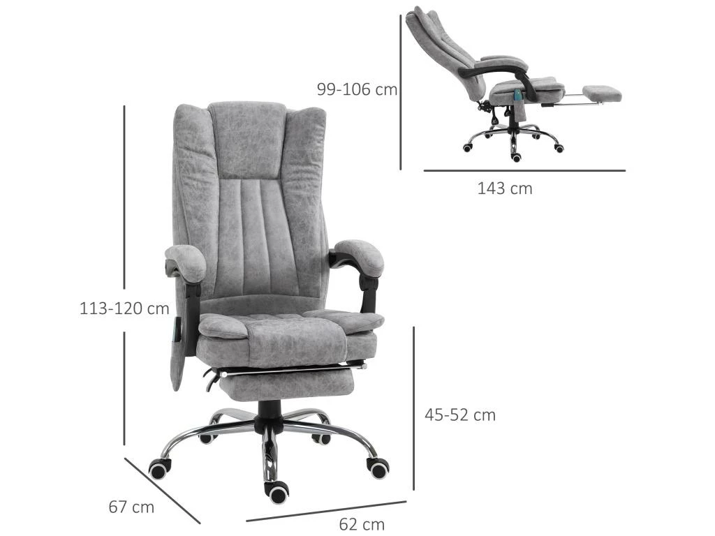 Fauteuil De Bureau Direction Massant Chauffant Hauteur Réglable Dossier Inclinable Repose-pied Revêtement Synthétique Gris 5 Fauteuil De Bureau Direction Massant Chauffant Hauteur Réglable Dossier Inclinable Repose-pied Revêtement Synthétique Gris – Image 3